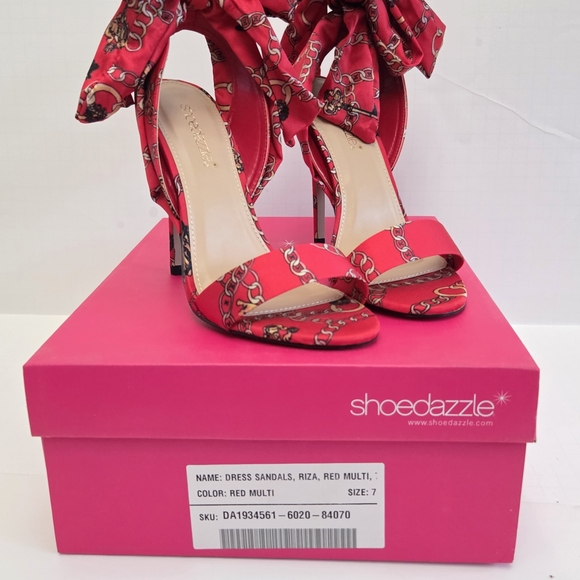 NWB ShoeDazzle Riza Sandals Sz 7 - Red Multicolor Lace Up Stiletto Dress Heels - Picture 5 of 5